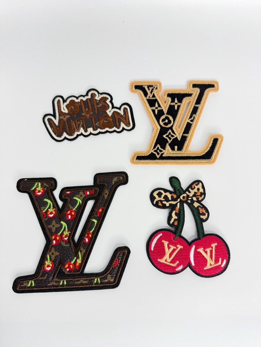 New 4Pc Brown Cherry Embroidered Patch Set — Red, Brown, Gold Accents